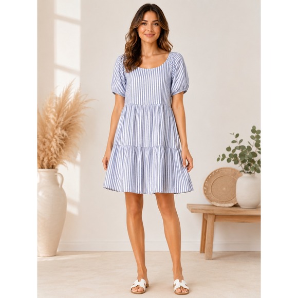 beachlunchlounge Dresses & Skirts - Beachlunchlounge Blue White Striped Tiered Mini Dress XL Coastal Linen Blend